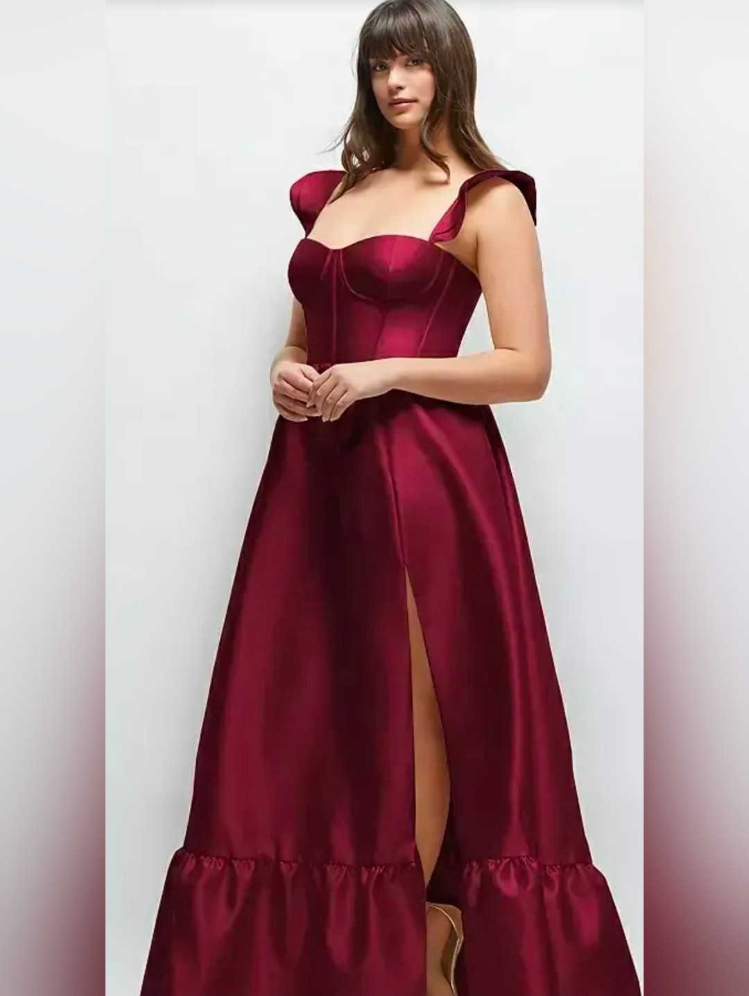 Dessy Collection Burgundy Satin Corset Gown With Slit